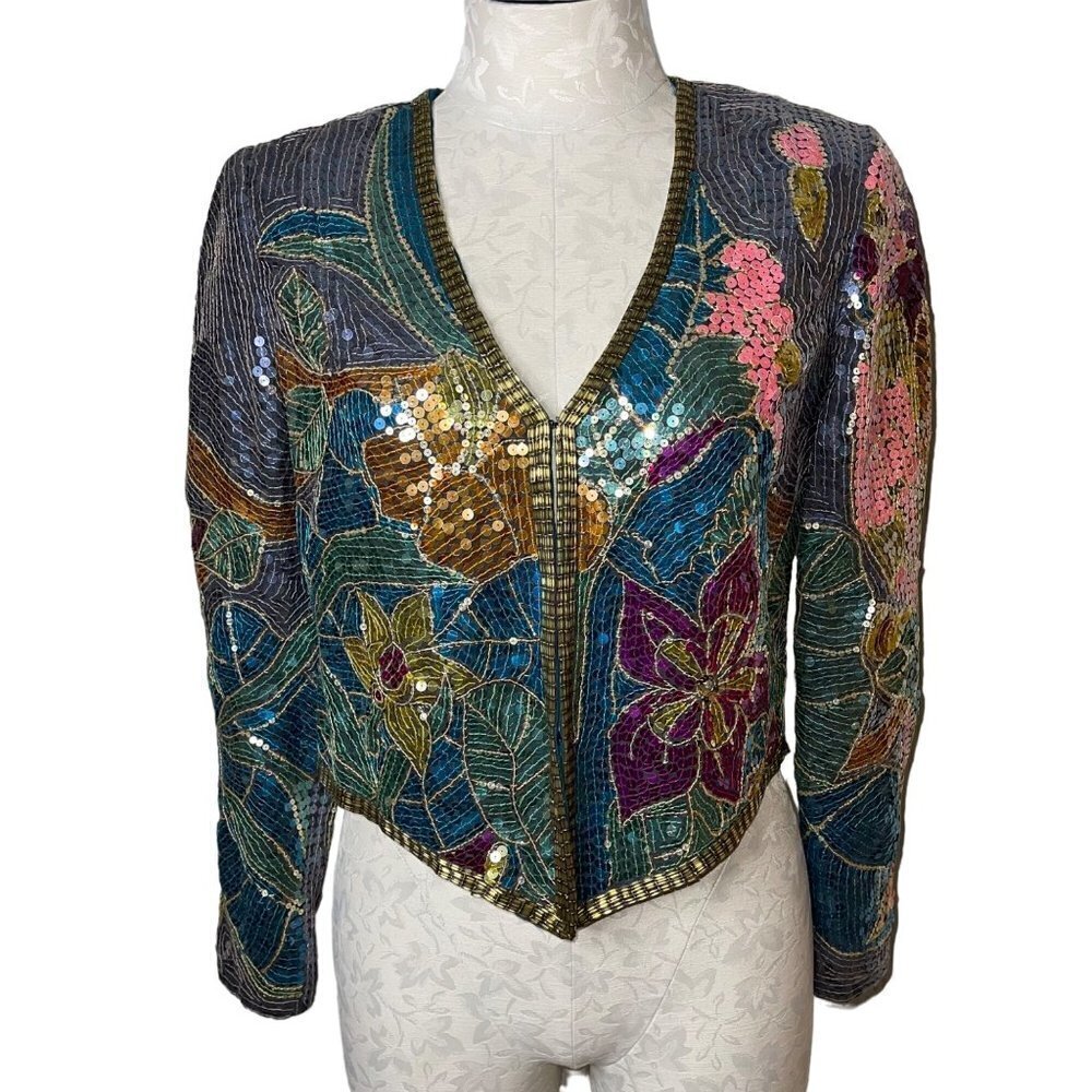 Jack Bryan Vintage Womens Jacket Size S Multicolor Floral Sequin Beaded